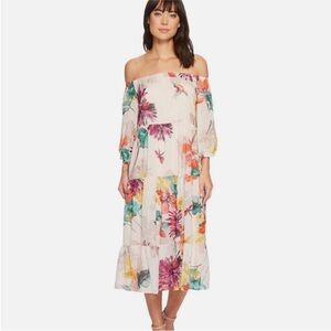 Trina Turk Cattleya Floral Silk Blend Off the  Shoulder Midi Dress Size Large